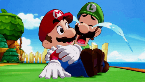 a cartoon of mario and luigi laughing with tears running down their faces