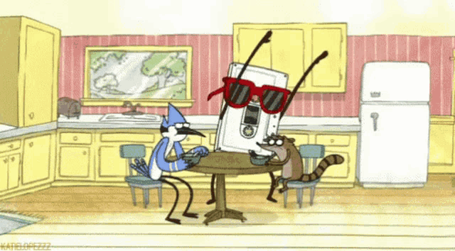 a regular show cartoon shows two birds sitting at a table