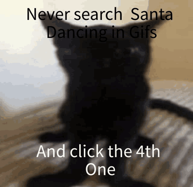 a picture of a black cat with the words " never search santa dancing in gifs and click the 4th one "