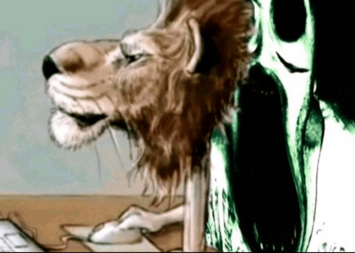 a drawing of a lion sitting at a desk