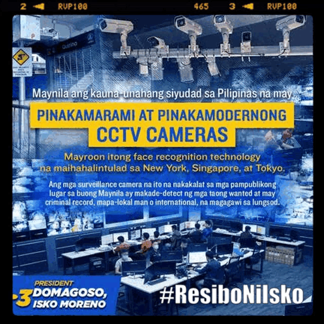 a poster for president domagoso isko moreno shows cctv cameras