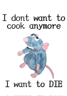 a stuffed rat with the words i dont want to cook anymore i want to die below it