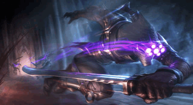 a man with purple eyes is holding a large sword