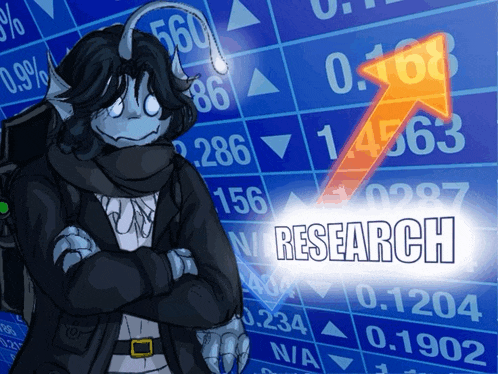 a cartoon character is standing in front of a stock chart that says research on it