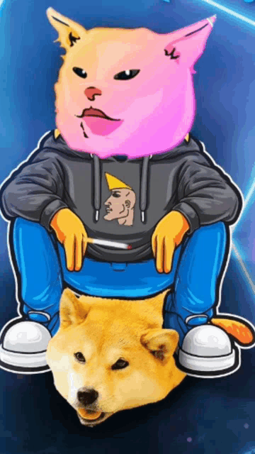 a cartoon of a dog wearing a hoodie and a pink cat head