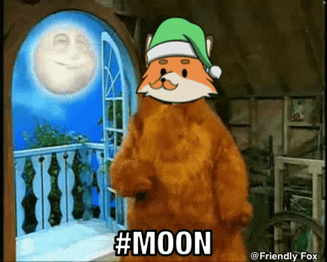 a cartoon of a fox wearing a santa hat with the words #moon on it