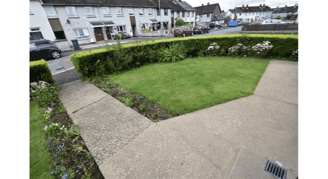 a sidewalk leading to a lush green yard