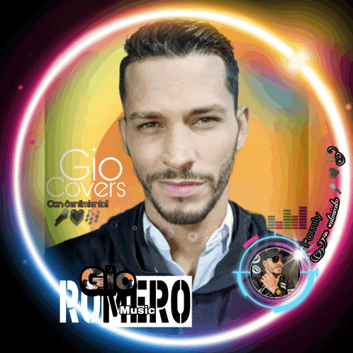 a man with a beard is surrounded by a neon circle that says gio covers on it