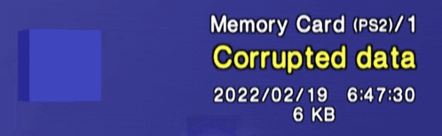 a blue background with the words " memory card ( ps2 / 1 ) corrupted data "