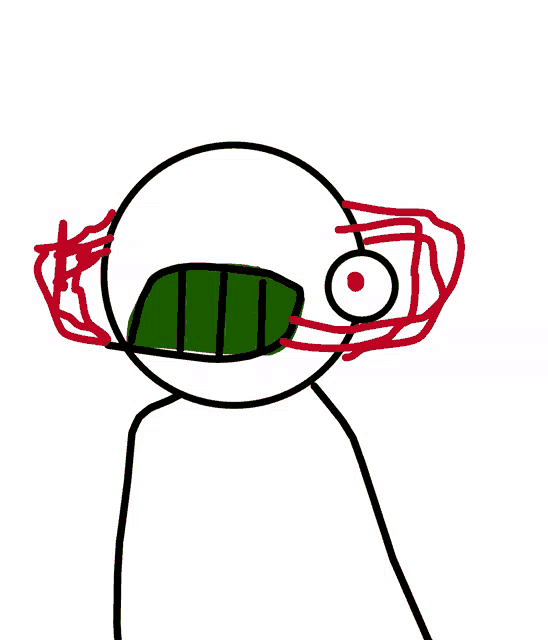a drawing of a cartoon character with a green mouth and red eyes