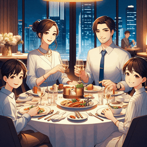 a family sitting around a table with plates of food