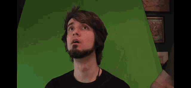 a man is holding a stop sign in front of a green background