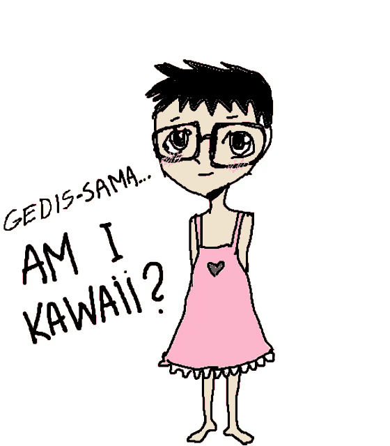 a drawing of a girl with glasses and a pink dress asking " am i kawaii ? "