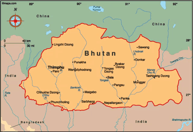 a map of bhutan is shown with a red outline