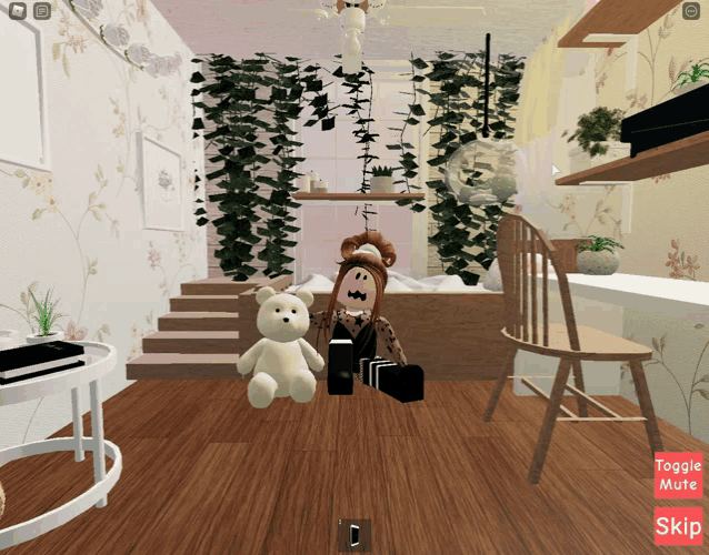 a screenshot of a video game shows a girl and a teddy bear in a living room