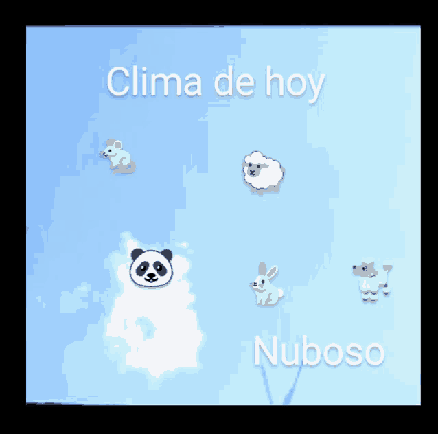 a blue background with a panda a mouse a sheep and a dog with the words clima de hoy nuboso