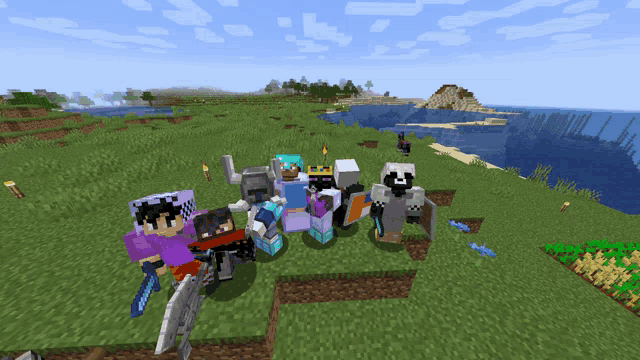 a group of minecraft characters pose for a picture in a field