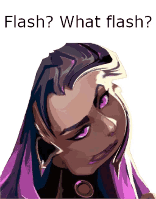 a cartoon of a woman with purple eyes and the words flash what flash below her