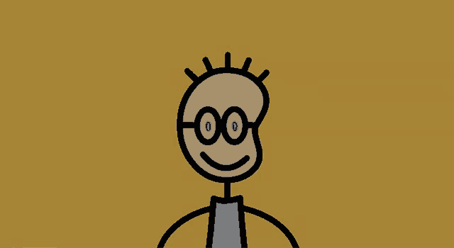 a stick figure with glasses and a blue shirt is smiling