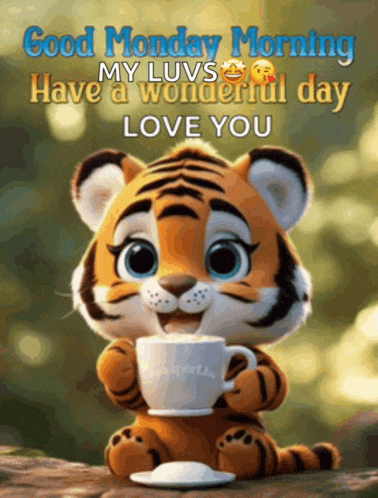 a cartoon tiger holding a cup of coffee with the words good monday morning my luvs have a wonderful day love you