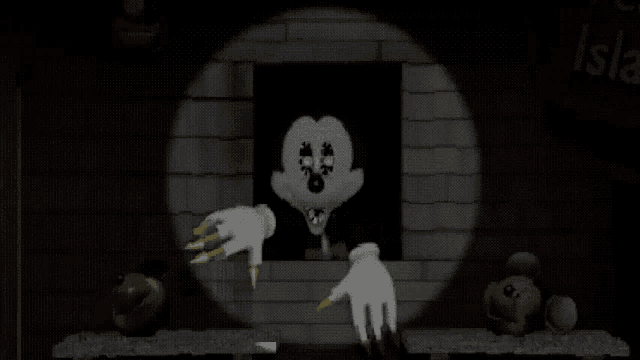 a cartoon of mickey mouse standing in a dark room