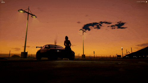 a person standing in front of a car with a sunset in the background and a screen that says ' fuel ' on it