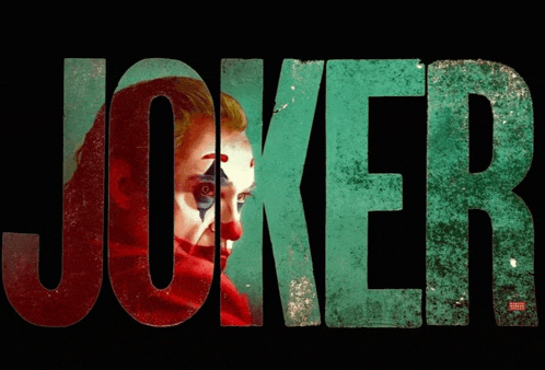 a poster for the movie joker shows a clown with a red scarf around his neck