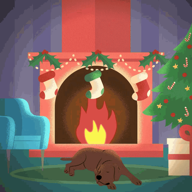 a dog laying in front of a fireplace with christmas stockings on it