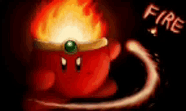 a red cartoon character with a crown of fire on his head