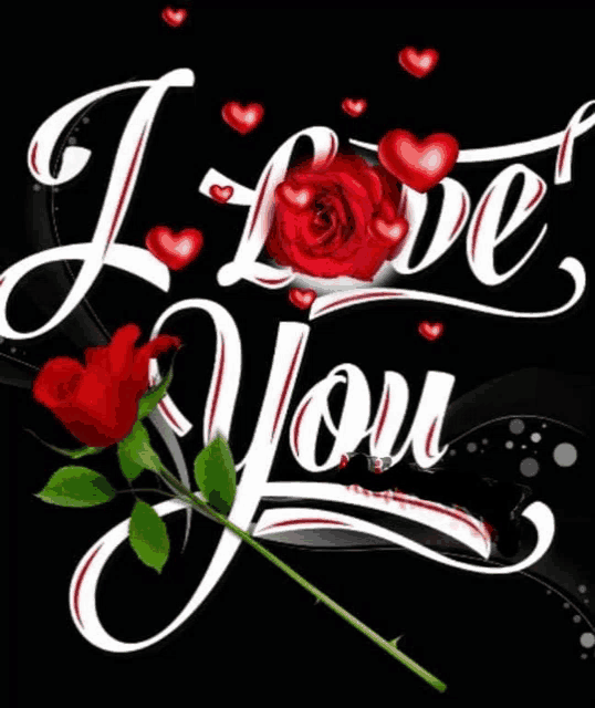 a black background with red hearts and a rose that says i love you