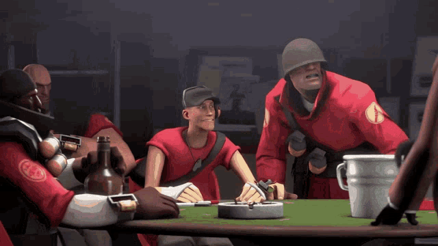 a group of soldiers are sitting around a table with a bottle of beer