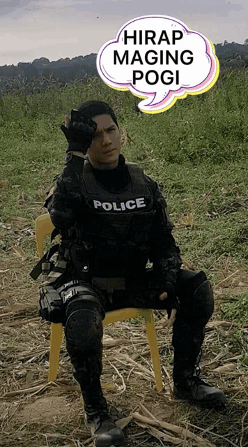 a man in a police uniform is sitting in a chair