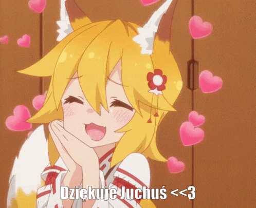 a picture of a fox girl with hearts around her and the words dziekuje juchus < 3