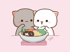 two cartoon cats are sitting next to each other eating noodles from a bowl .