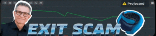 a man with glasses stands in front of a projected graph that says exit scam