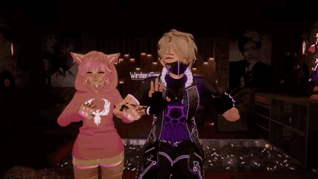 a girl in a pink cat hoodie stands next to a boy in a purple outfit