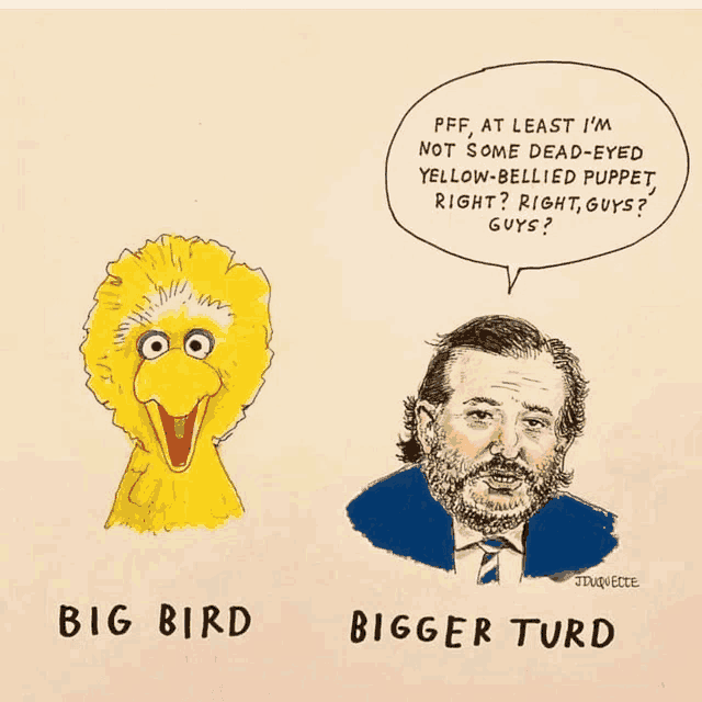 a cartoon of sesame street characters big bird and bigger turd talking to each other