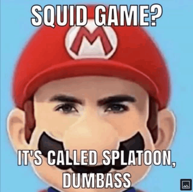 a meme of a man dressed as mario from squid game