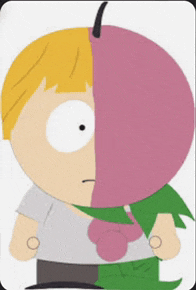 a cartoon character with half of his face covered by a pink leaf