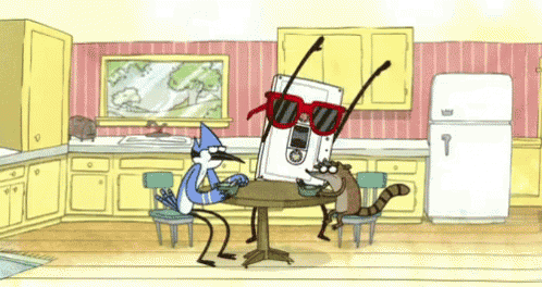 a regular show cartoon shows a fridge with sunglasses on it