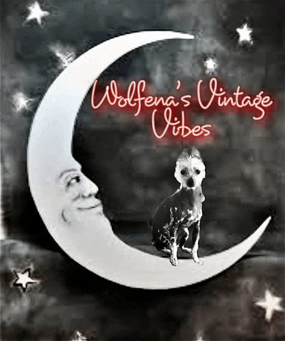 a dog sits on a crescent moon with the words wolfena 's vintage vibes written above it