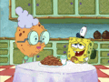 spongebob and a cookie are sitting at a table with a plate of food on it