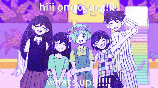 a group of anime characters are posing for a picture with a caption that says what 's up !!!