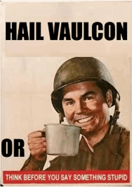 a soldier is drinking a cup of coffee and smiling on a poster .