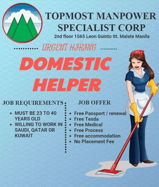 an advertisement for topmost manpower specialist corp shows a woman holding a mop