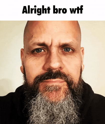 a bald man with a beard and mustache has the words alright bro wtf above his face