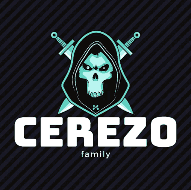 a logo for cerezo family with a skull in a hood and crossed swords