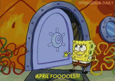 a cartoon of spongebob standing in front of a door that says april fooools