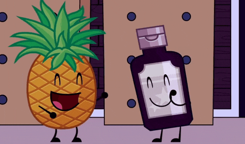 a pineapple and a purple bottle with faces are standing next to each other