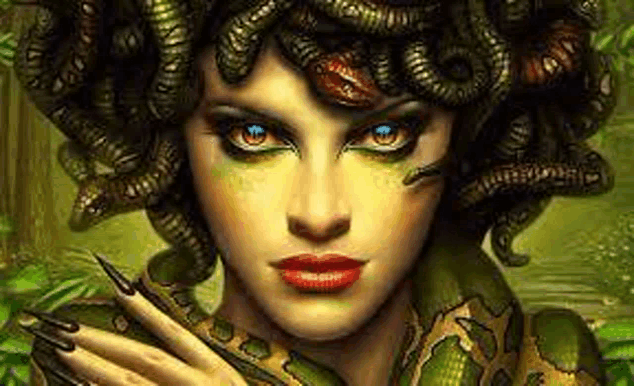 a woman with a snake in her hair is holding a snake in her hand .